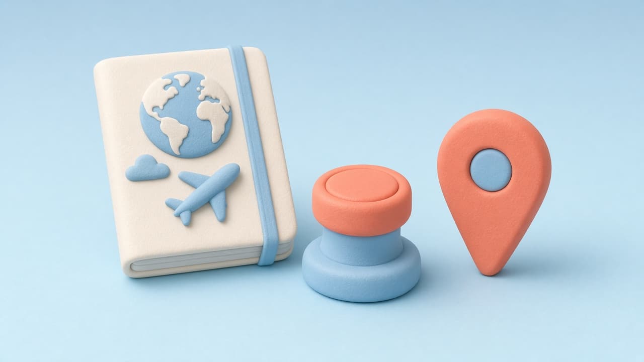 Clay 3D travel passport, stamp, and map pin