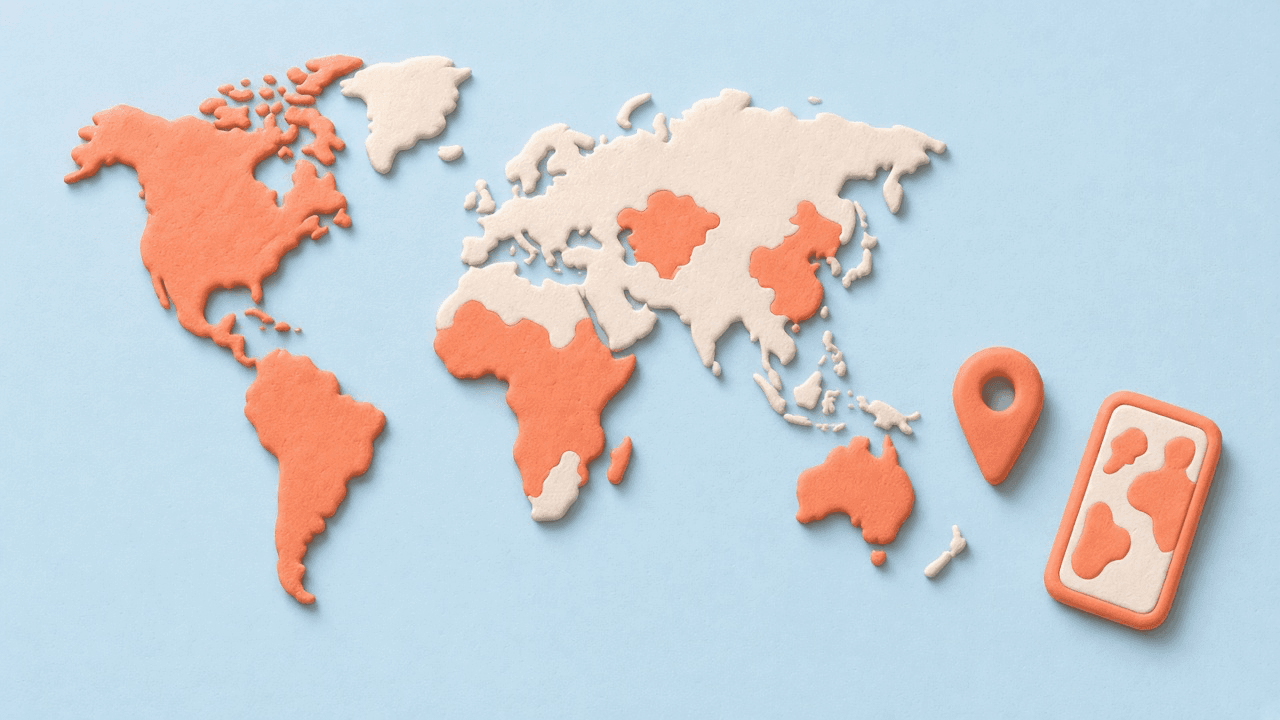 Clay 3D visited countries map with coral highlighted countries