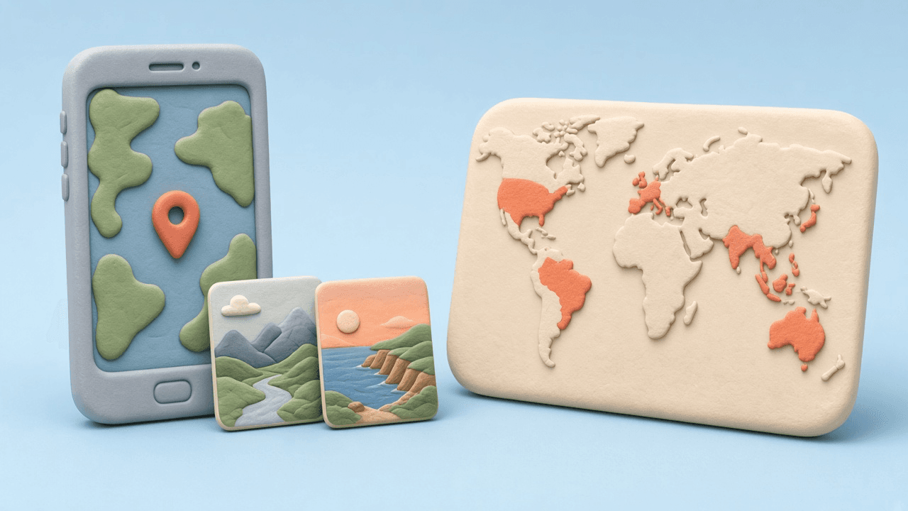 Clay 3D phone map and photos beside a coral visited countries map