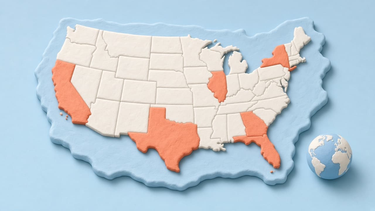 Clay 3D map of US states with several states marked as visited in coral