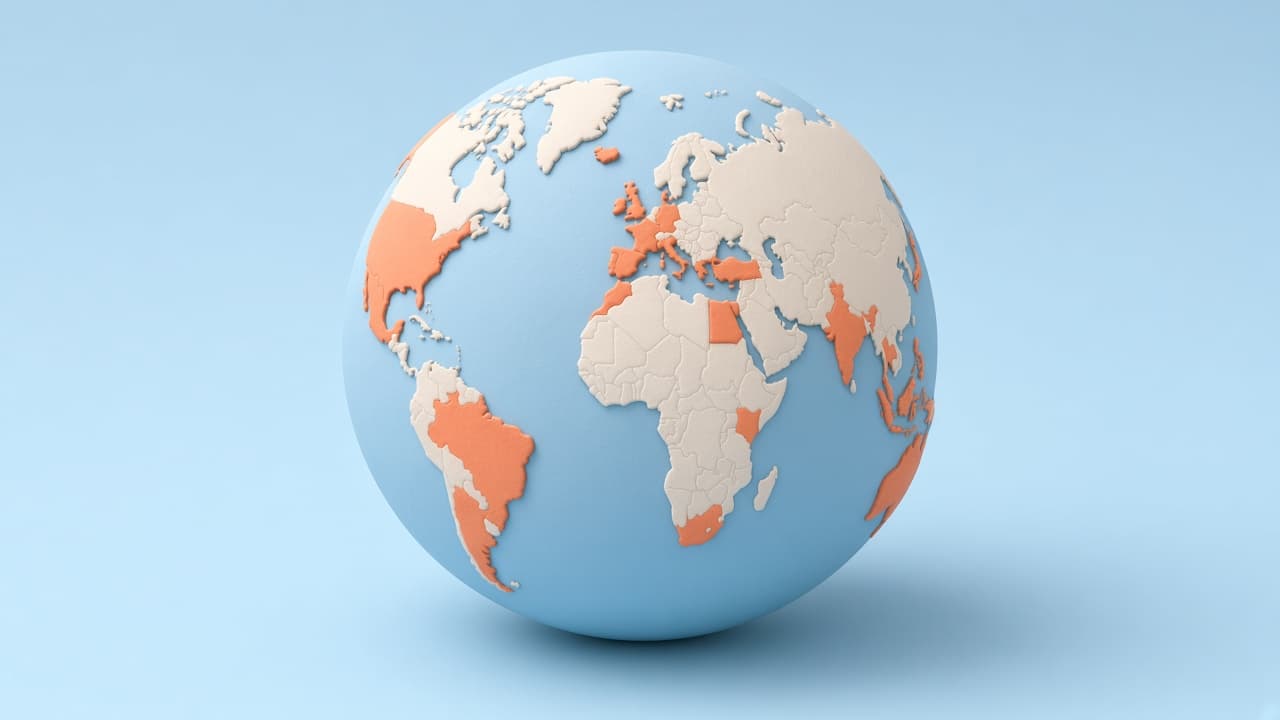 Clay 3D globe with visited countries filled in coral