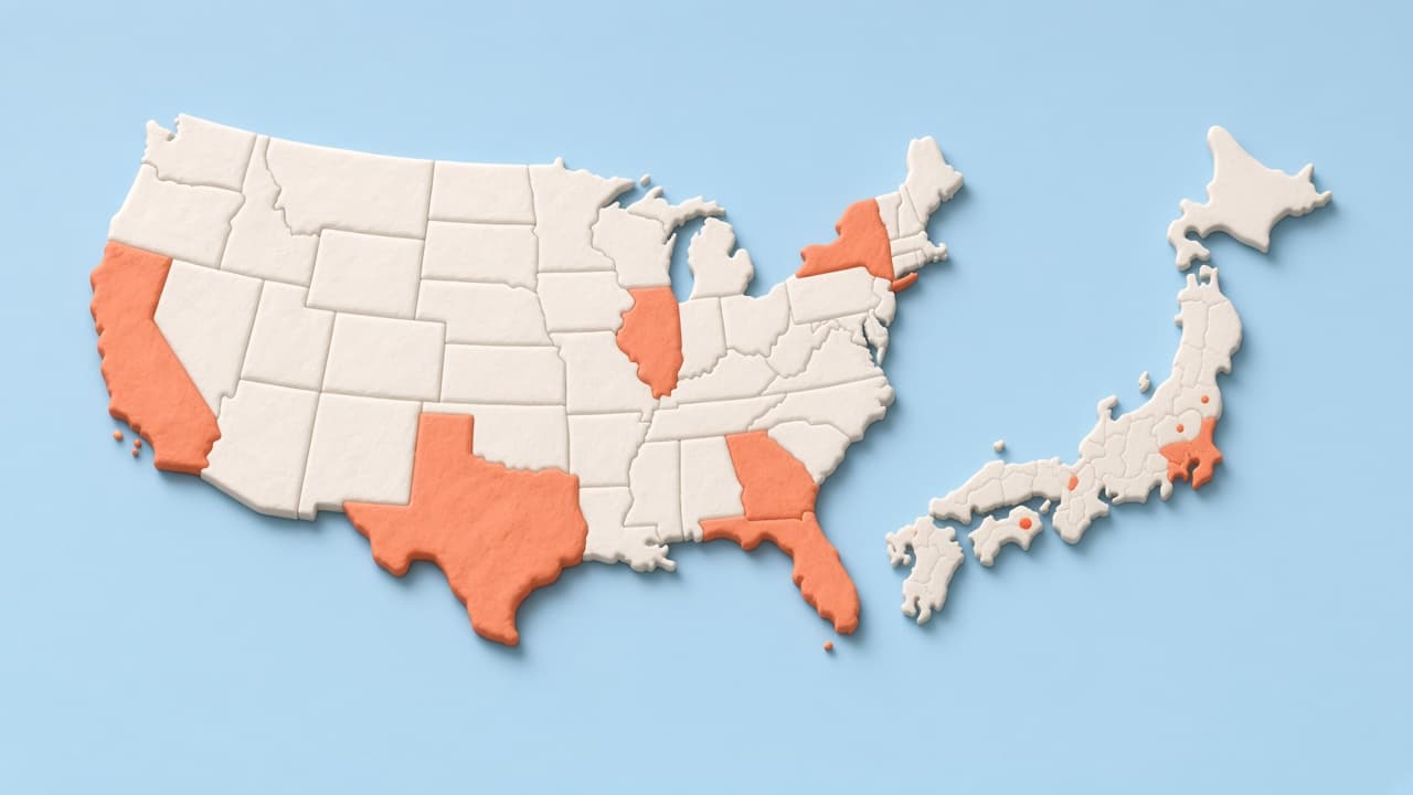 Clay map of US states and Japanese prefectures with several regions marked as visited
