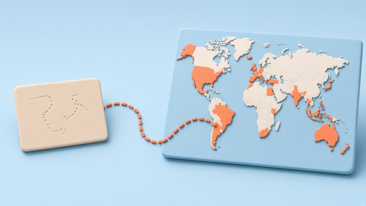 Clay Timeline file connected to a visited countries map by a dotted route